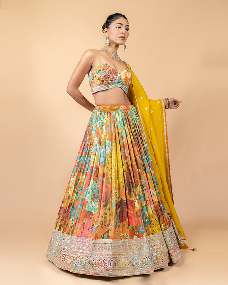 Yellow Georgette Lehenga Choli with Digital Print and Net Dupatta