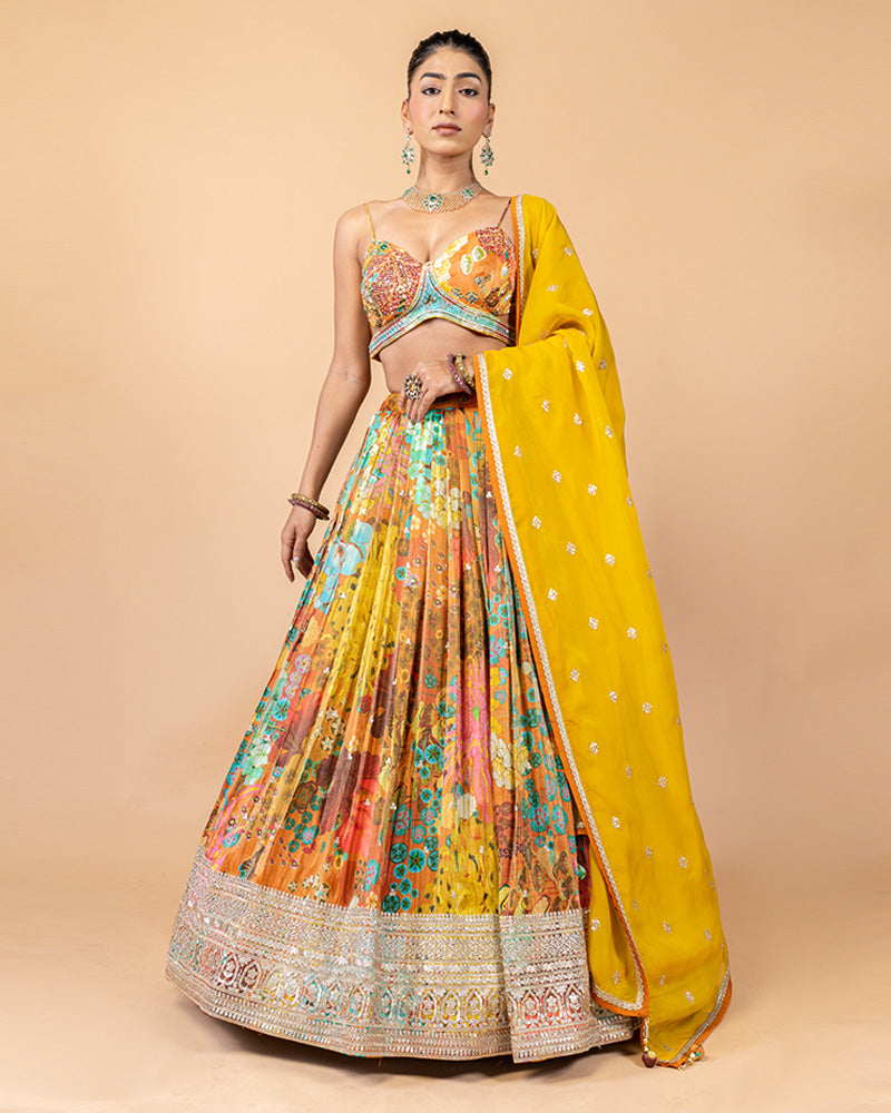 Yellow Georgette Lehenga Choli with Digital Print and Net Dupatta