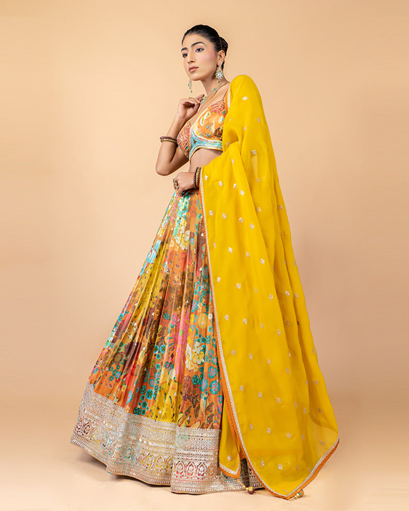 Yellow Georgette Lehenga Choli with Digital Print and Net Dupatta