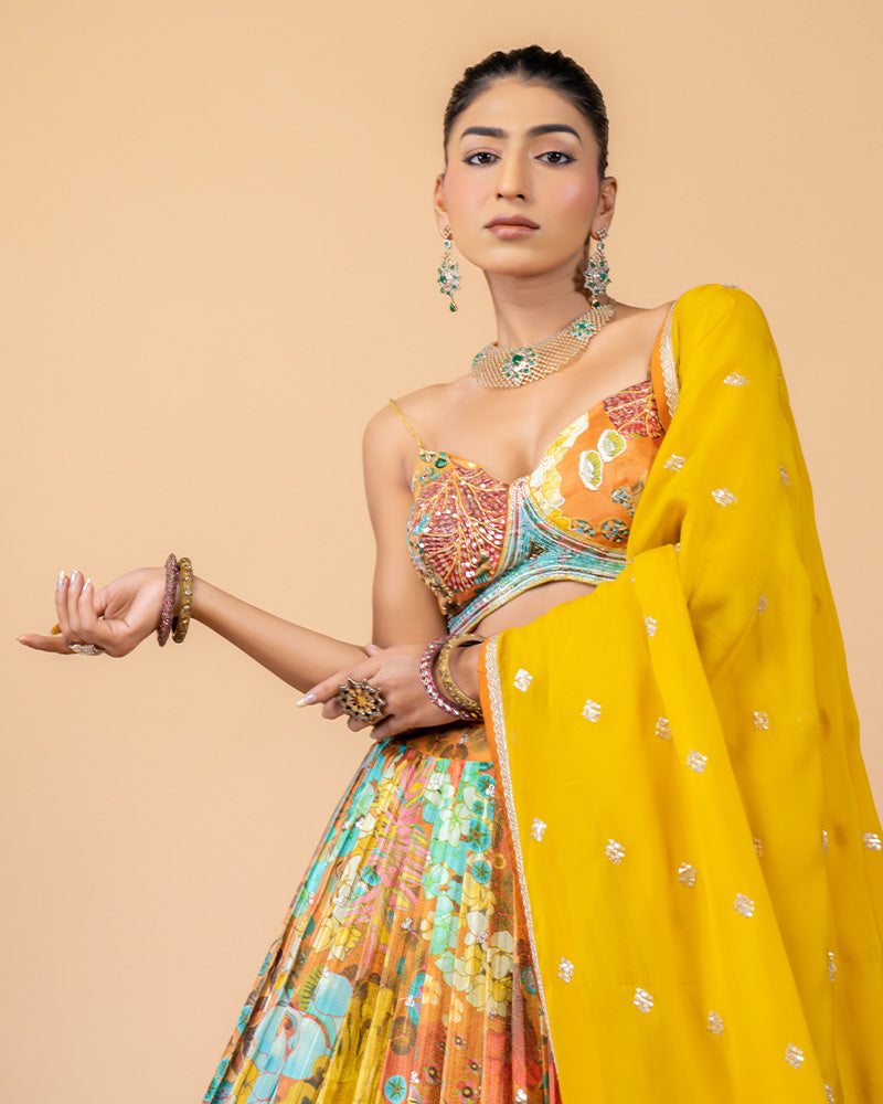 Yellow Georgette Lehenga Choli with Digital Print and Net Dupatta