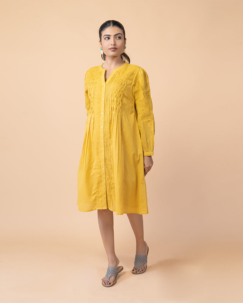 Yellow Knee-Length Embroidered Dress with Flared Long Sleeves