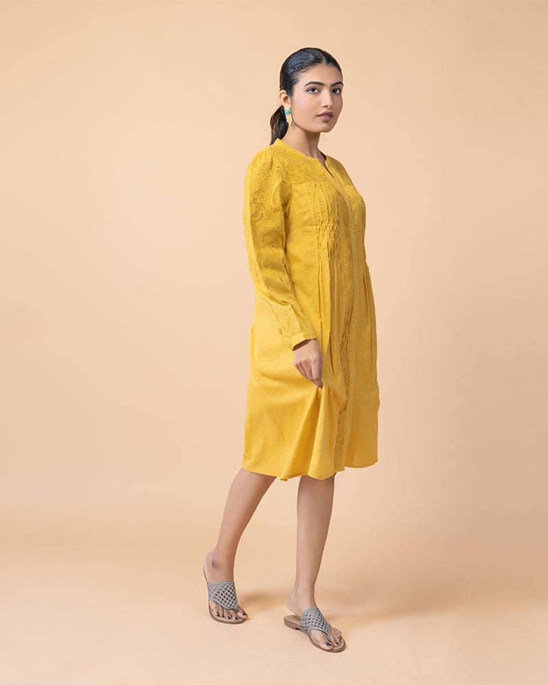 Yellow Knee-Length Embroidered Dress with Flared Long Sleeves