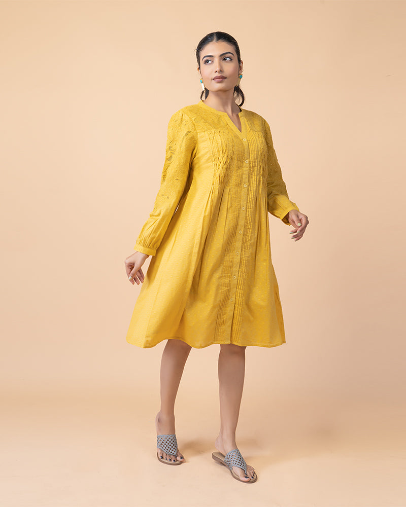 Yellow Knee-Length Embroidered Dress with Flared Long Sleeves