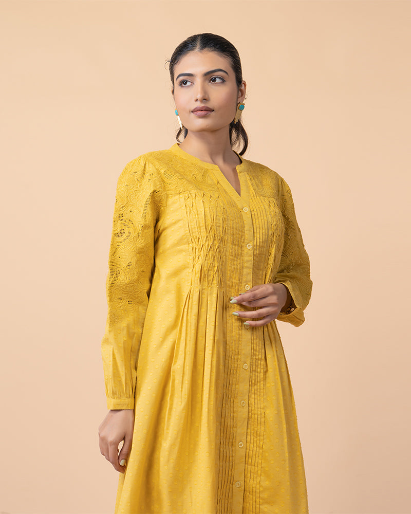 Yellow Knee-Length Embroidered Dress with Flared Long Sleeves