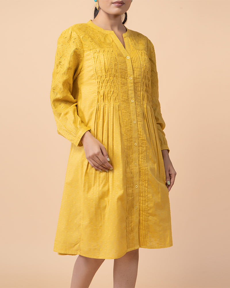 Yellow Knee-Length Embroidered Dress with Flared Long Sleeves