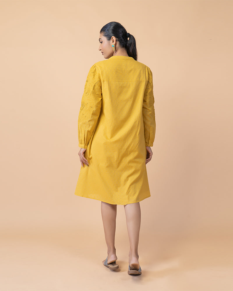 Yellow Knee-Length Embroidered Dress with Flared Long Sleeves