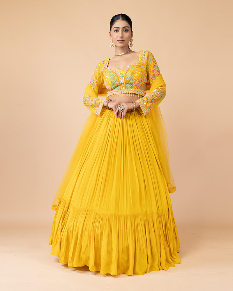 Yellow Lehenga Choli with Long sleeves Blouse and Net Dupatta