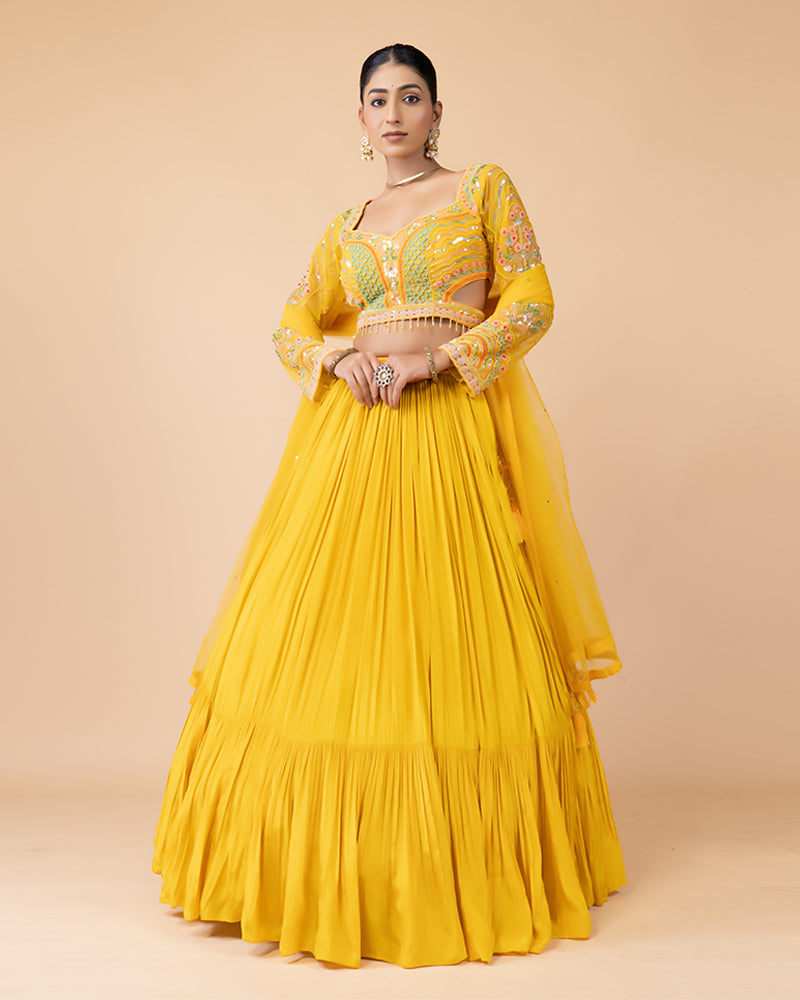 Yellow Lehenga Choli with Long sleeves Blouse and Net Dupatta