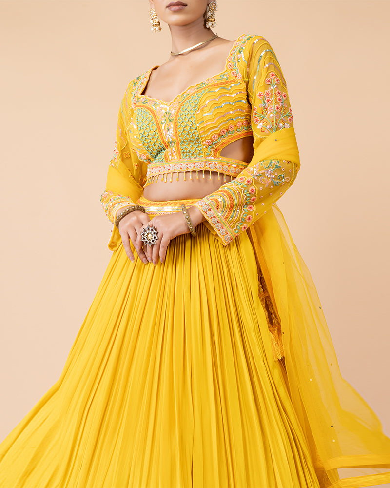 Yellow Lehenga Choli with Long sleeves Blouse and Net Dupatta