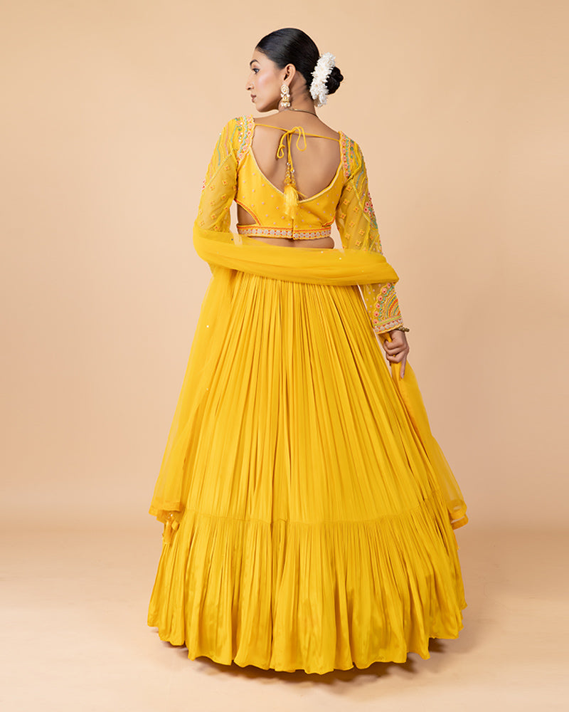 Yellow Lehenga Choli with Long sleeves Blouse and Net Dupatta