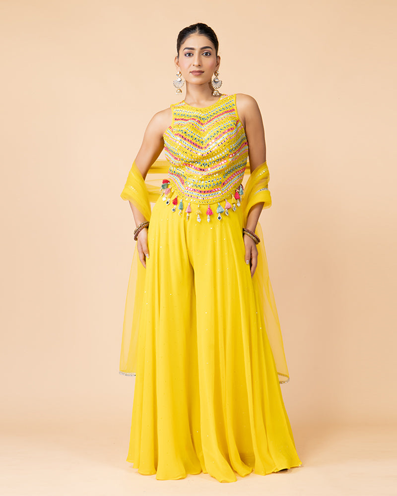 Yellow Palazzo Set with Heavily Embellished Top and Dupatta