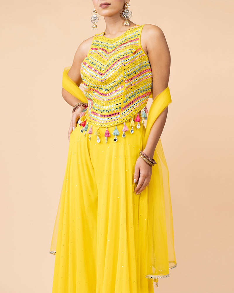 Yellow Palazzo Set with Heavily Embellished Top and Dupatta