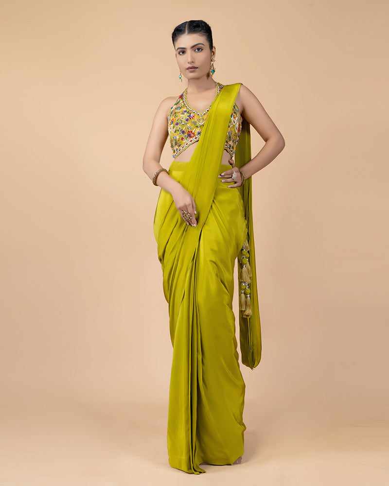 Yellow Ready-to-Wear Saree with Hand Embellished Blouse