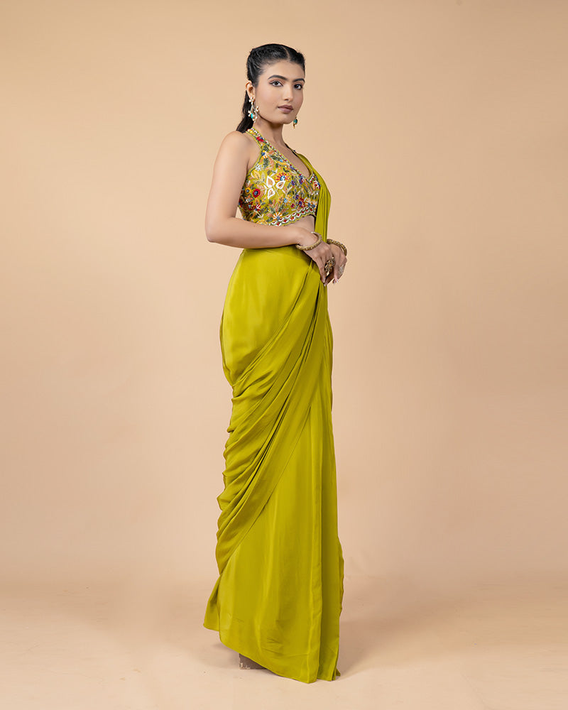 Yellow Ready-to-Wear Saree with Hand Embellished Blouse