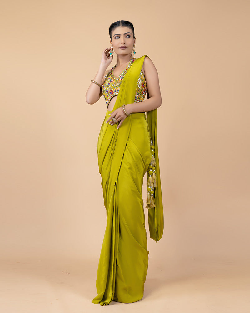 Yellow Ready-to-Wear Saree with Hand Embellished Blouse