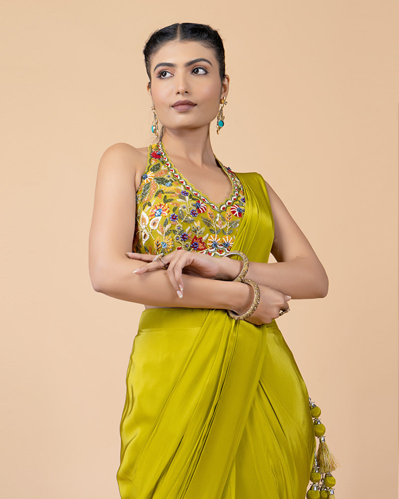 Yellow Ready-to-Wear Saree with Hand Embellished Blouse