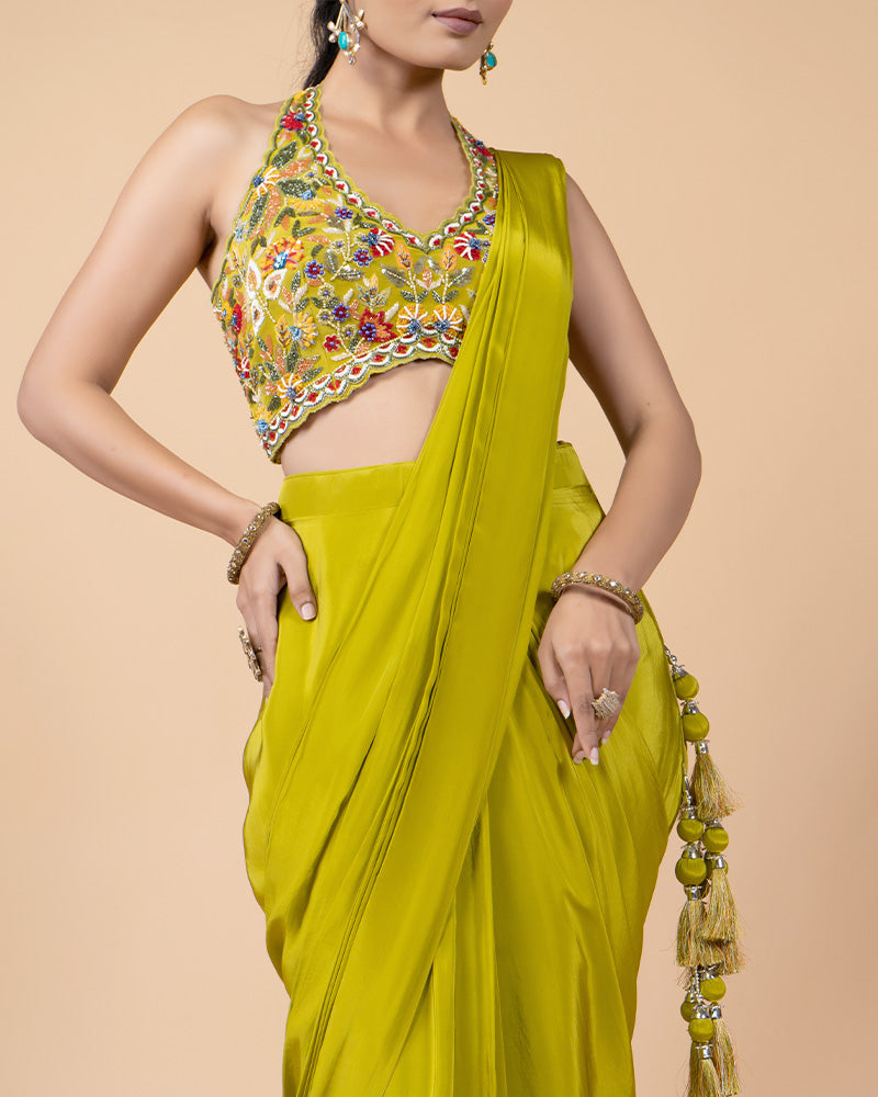 Yellow Ready-to-Wear Saree with Hand Embellished Blouse