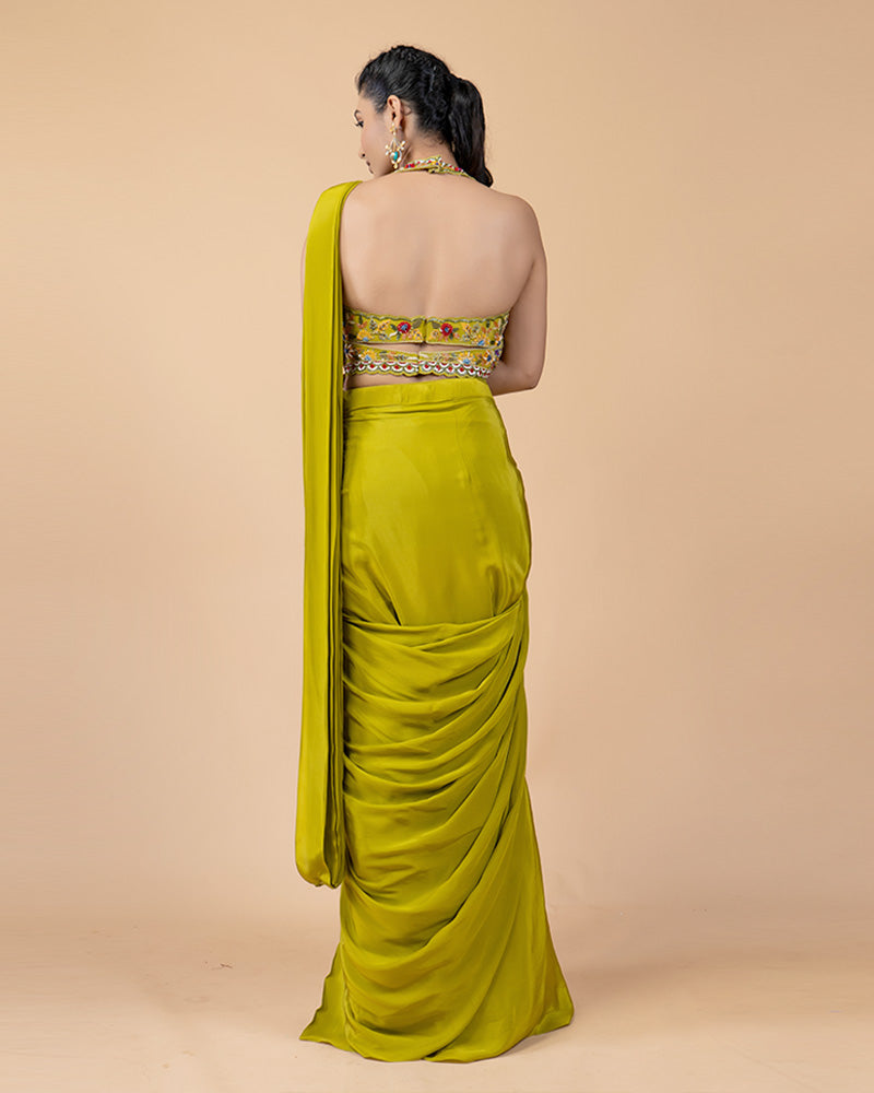 Yellow Ready-to-Wear Saree with Hand Embellished Blouse