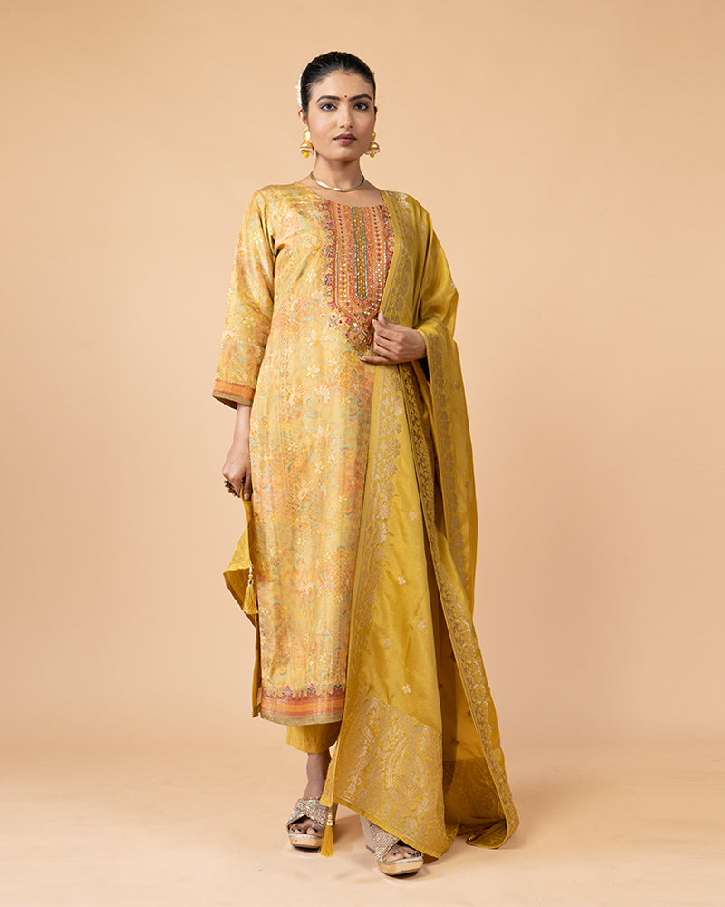 Yellow Salwar Kameez Set With Banarasi Silk Dupatta