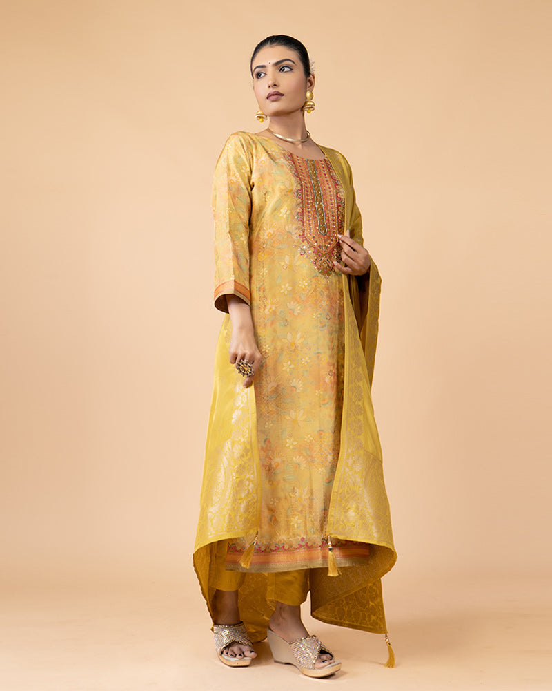 Yellow Salwar Kameez Set With Banarasi Silk Dupatta