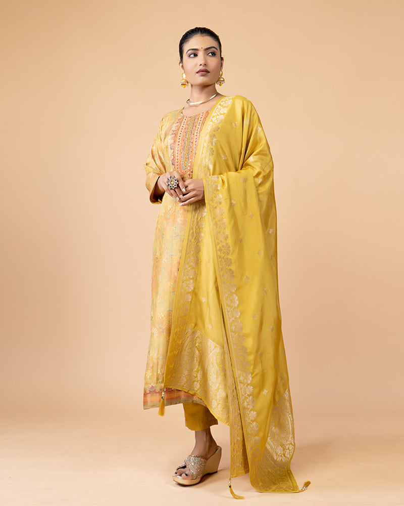 Yellow Salwar Kameez Set With Banarasi Silk Dupatta