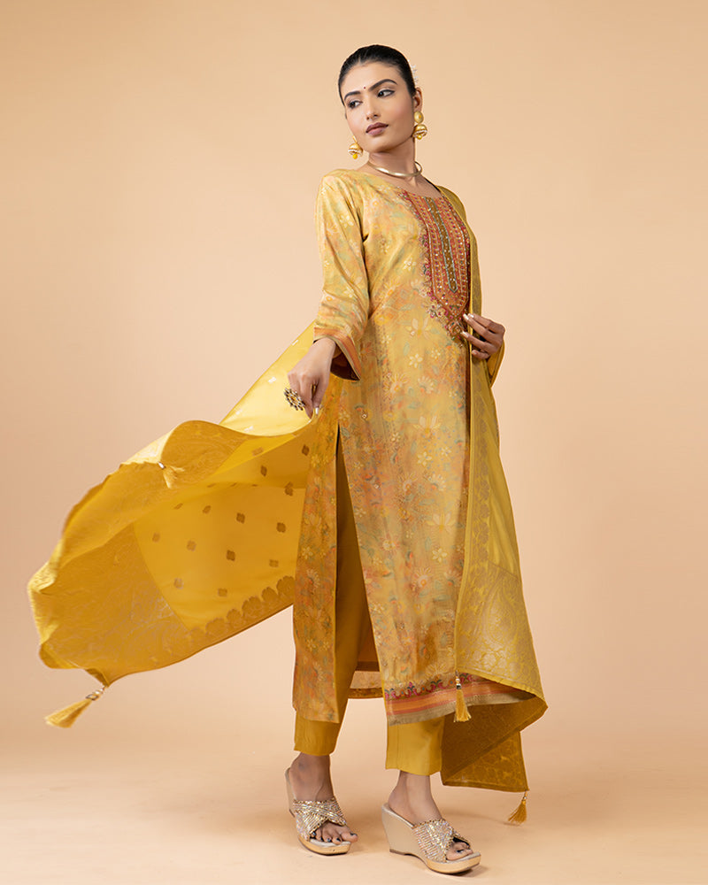 Yellow Salwar Kameez Set With Banarasi Silk Dupatta