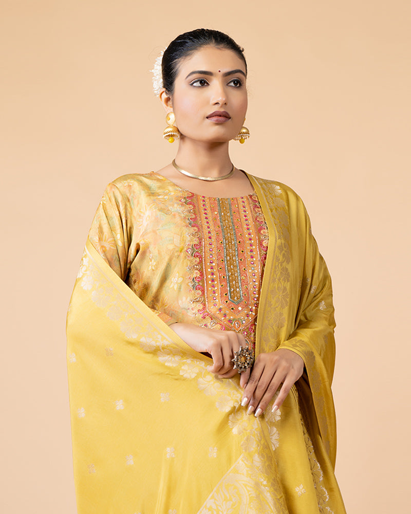 Yellow Salwar Kameez Set With Banarasi Silk Dupatta