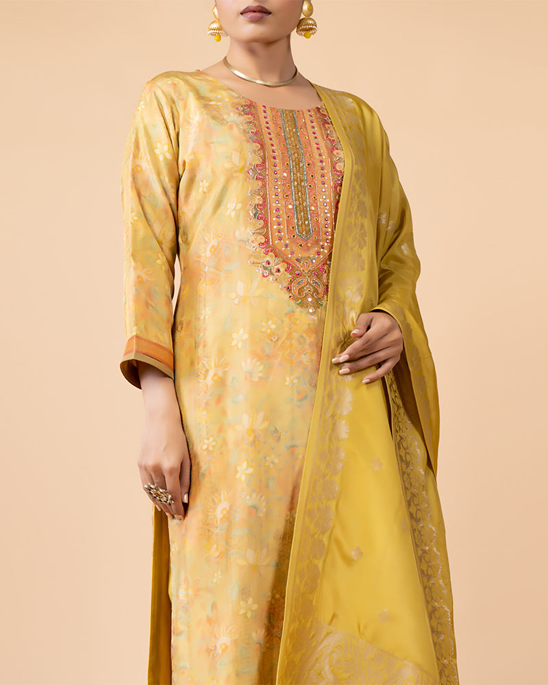 Yellow Salwar Kameez Set With Banarasi Silk Dupatta