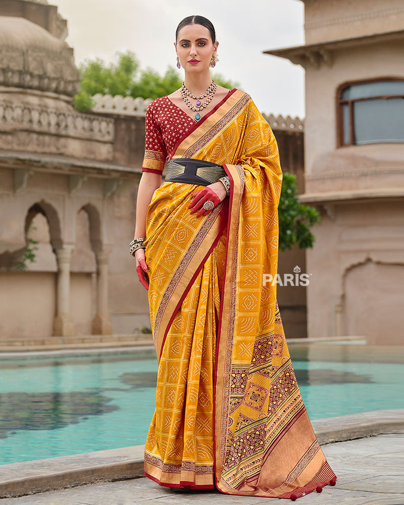 Yellow Bandhani Printed Silk Saree with Unstitched Blouse 01