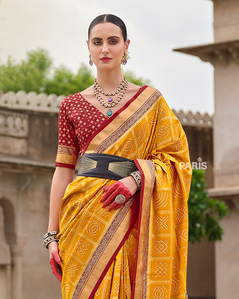 Yellow Bandhani Printed Silk Saree with Unstitched Blouse 02