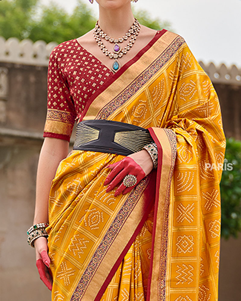 Yellow Bandhani Printed Silk Saree with Unstitched Blouse 03