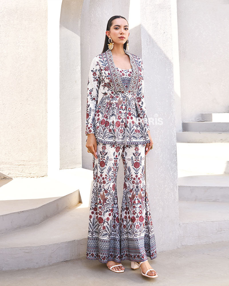 White & Maroon Ethnic Printed Peplum Co?ord Set