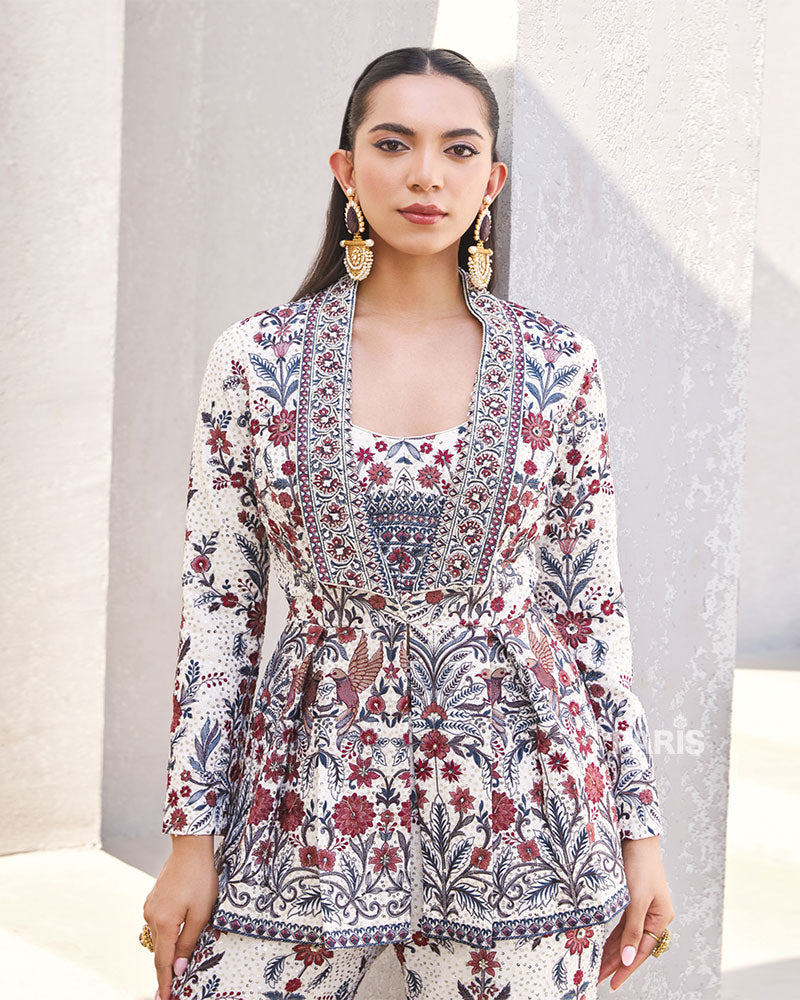 White & Maroon Ethnic Printed Peplum Co?ord Set