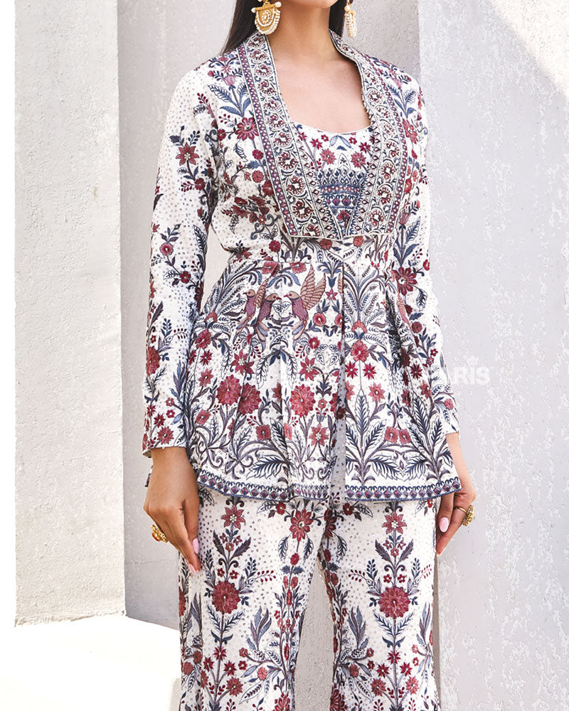 White & Maroon Ethnic Printed Peplum Co?ord Set