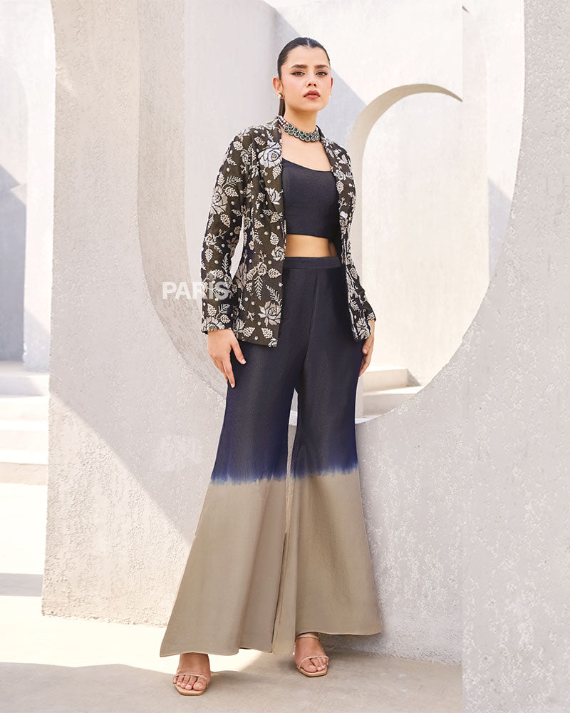 Black Floral Blazer & Navy Ombre Flared Pants Co?ord