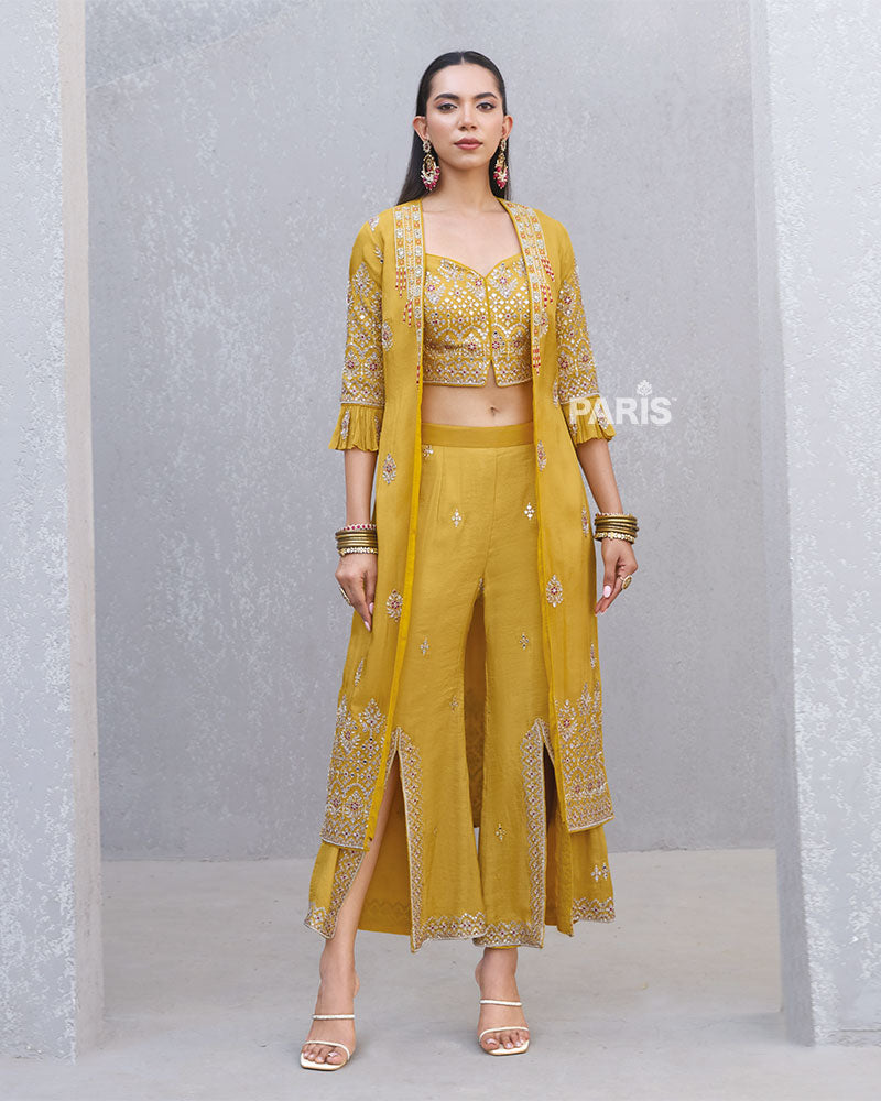 Mustard Yellow Embroidered Co?ord Set with Long Jacket