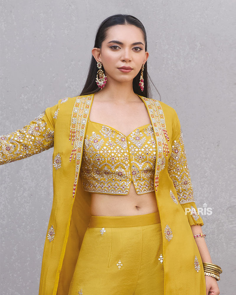 Mustard Yellow Embroidered Co?ord Set with Long Jacket