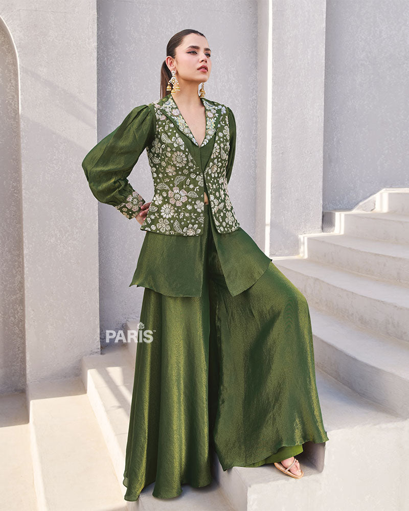 Olive Green Embroidered Co?ord with Puff Sleeves & Pants