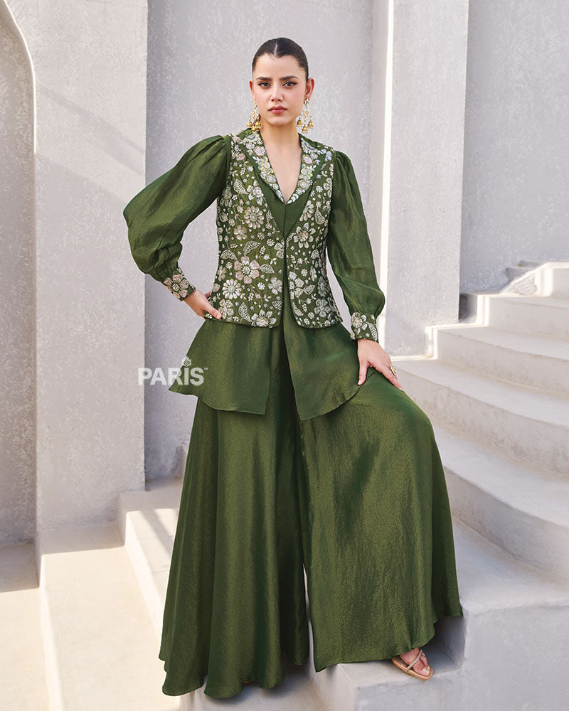 Olive Green Embroidered Co?ord with Puff Sleeves & Pants