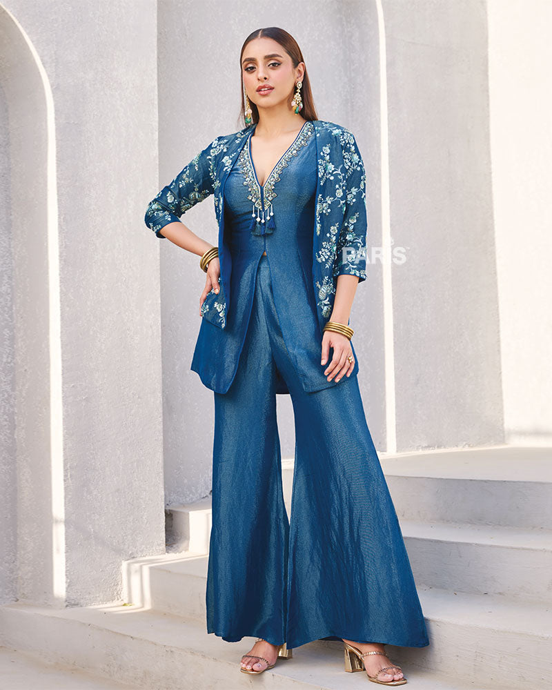 Teal Blue Embroidered Jacket & Flared Pants Co?ord Set