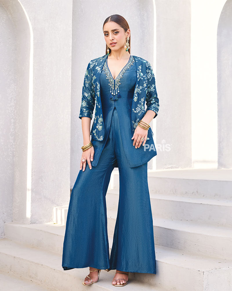 Teal Blue Embroidered Jacket & Flared Pants Co?ord Set