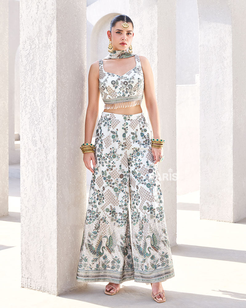 Ivory & Teal Printed Sleeveless Co?ord Set with Tassels
