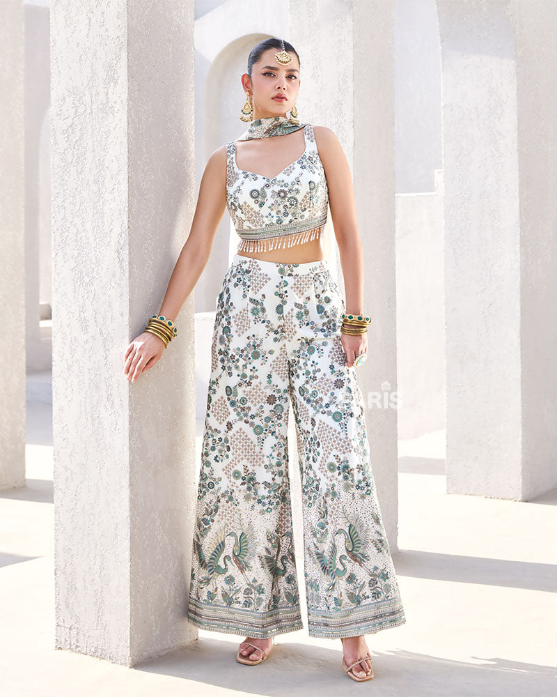 Ivory & Teal Printed Sleeveless Co?ord Set with Tassels