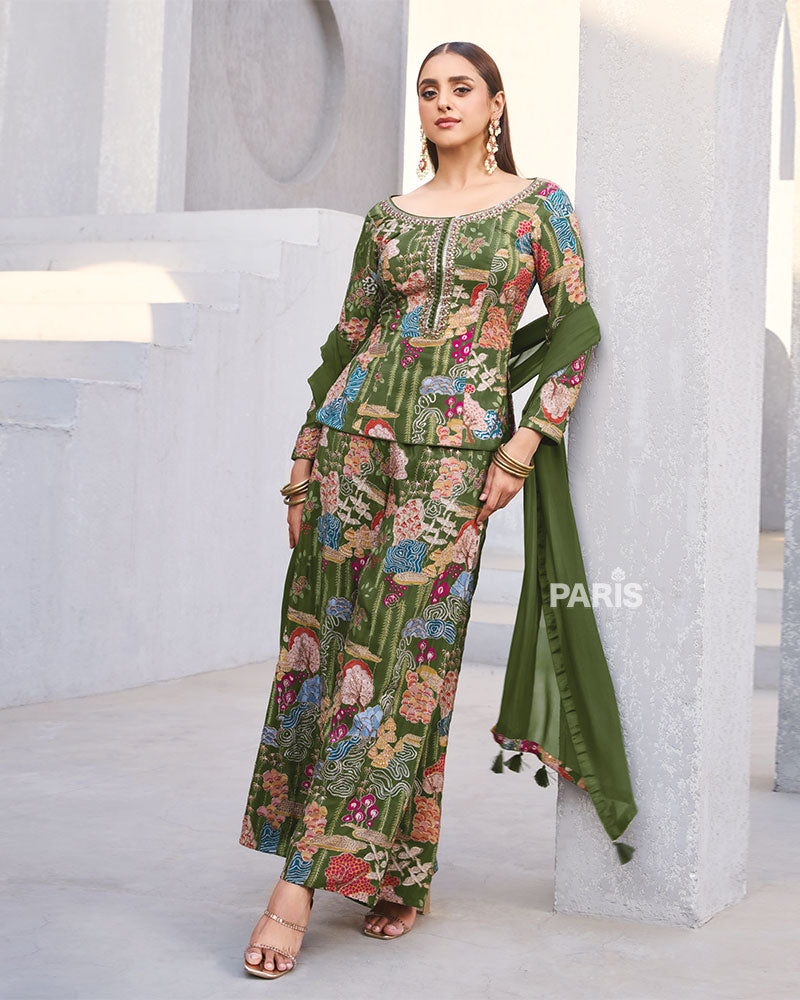 Olive Green Multicolor Printed Kurta Set with Dupatta