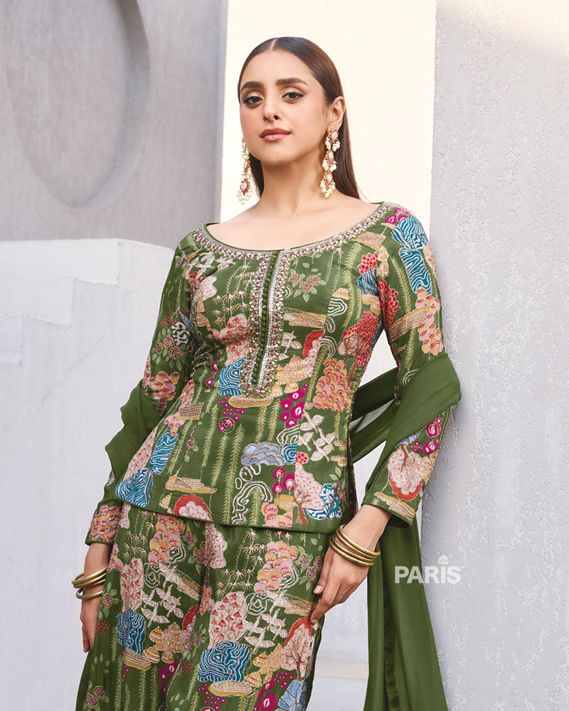 Olive Green Multicolor Printed Kurta Set with Dupatta