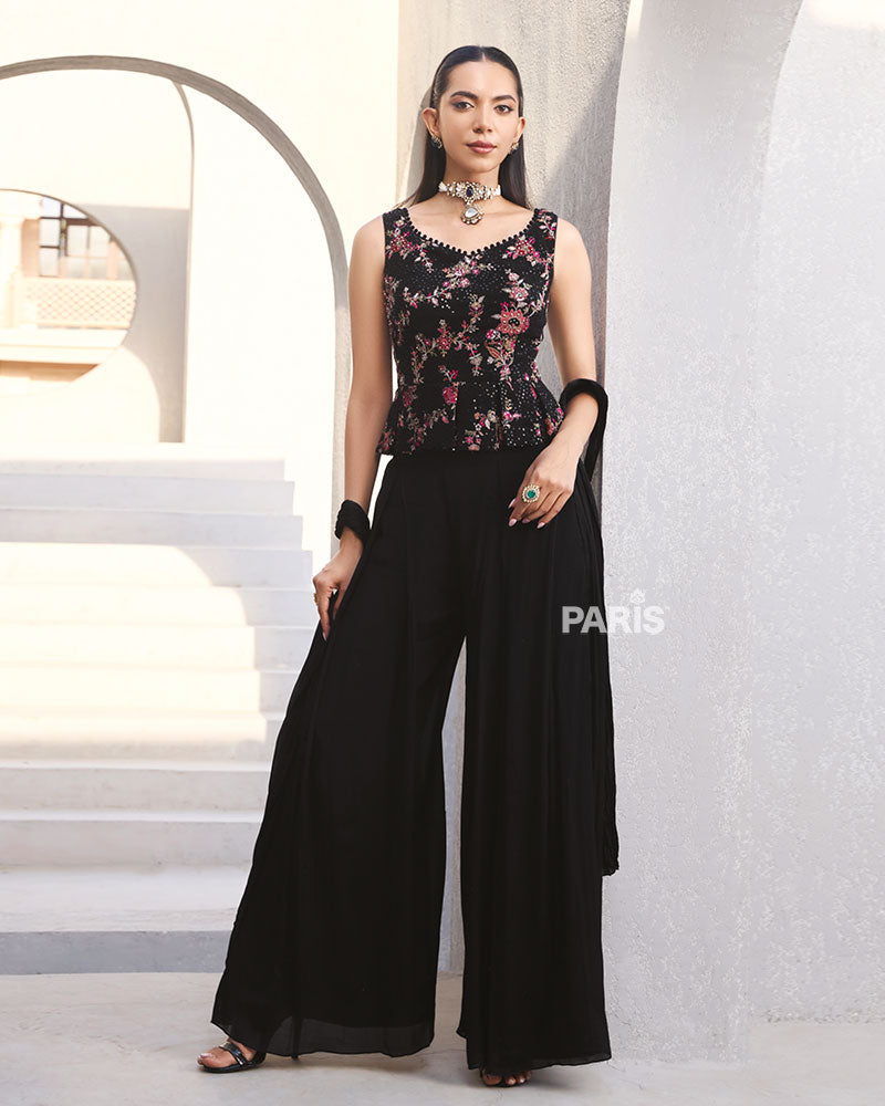 Elegant Black Floral Embroidered Co?ord Set & Dupatta
